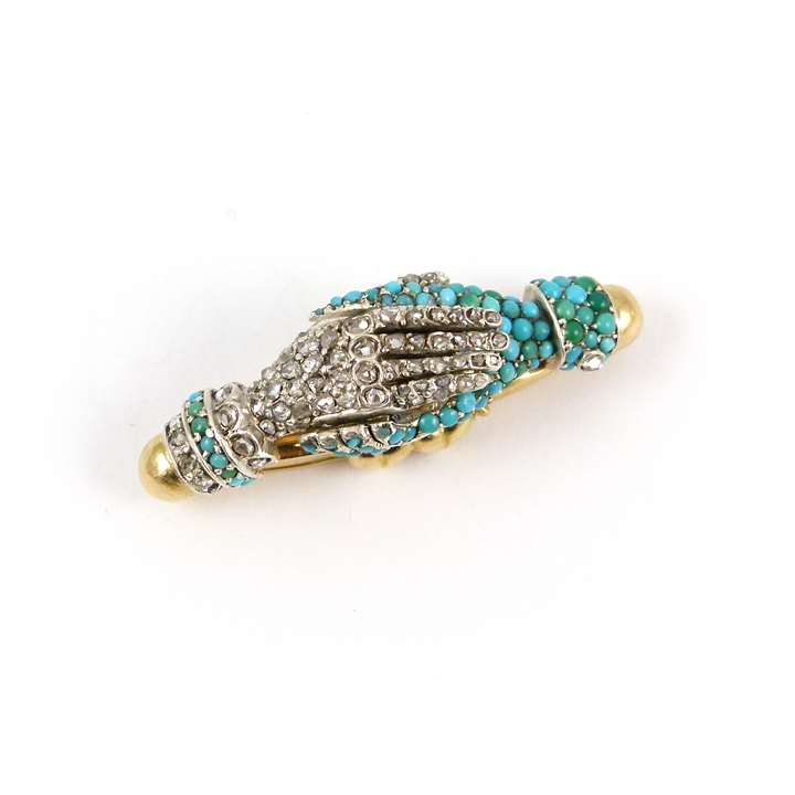 19th century turquoise and diamond cluster two-hands clasp
